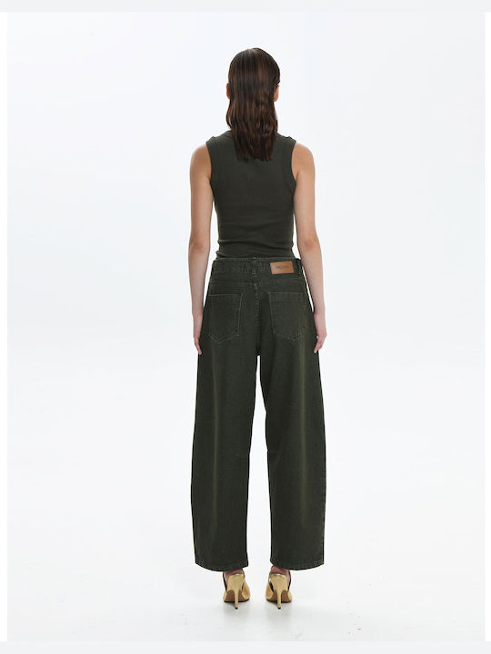 Sac & Co High Waist Women's Jean Trousers in Regular Fit Khaki