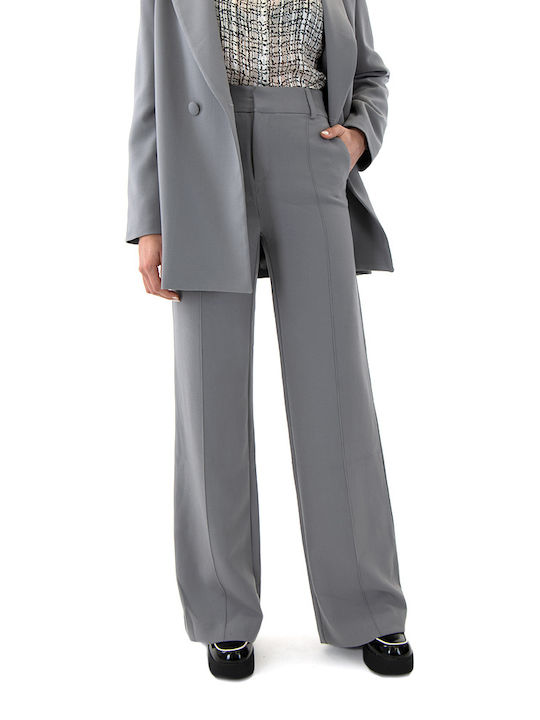 MY T Pants Women My T Wearables Women's High-waisted Fabric Trousers in Wide Line Grey