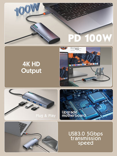 Ldnio DS-15H USB-C Stație de andocare cu HDMI 4K PD Gri