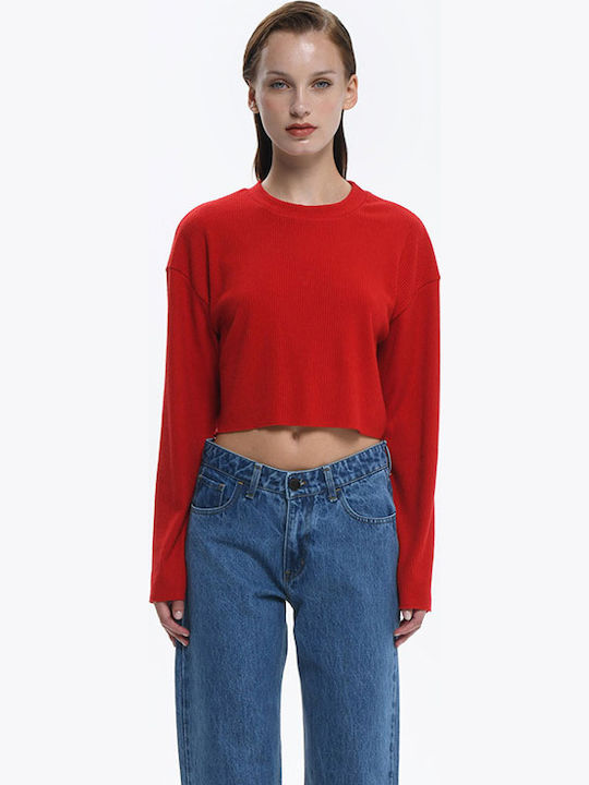 Γυναικείο Crop Top Βαμβακερό Μακρυμάνικο Κόκκινο