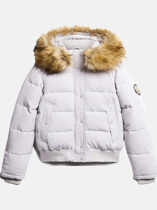 D3 Ovin Everest Women's Short Puffer Jacket for Winter with Hood Light Gray