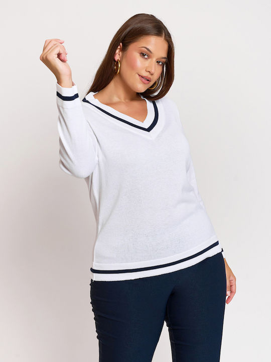 Women's Long Sleeve Sweater Cotton with V Neckline White
