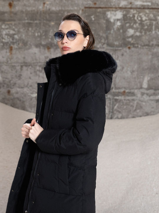 Women's Long Lifestyle Jacket for Winter with Hood Black