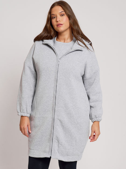 Μακριά Fleece Γυναικεία Ζακέτα με Φερμουάρ Γκρι