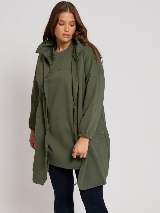 Μακριά Fleece Γυναικεία Ζακέτα με Φερμουάρ Χακί