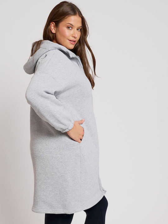 Μακριά Fleece Γυναικεία Ζακέτα με Φερμουάρ Γκρι