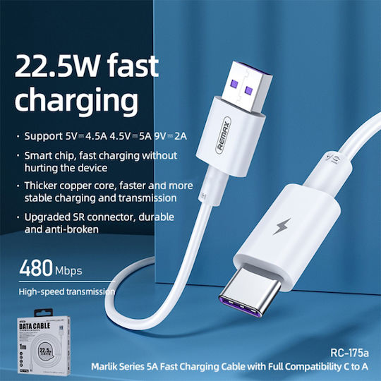 Remax RC-175A USB 2.0 Cable USB-C male - USB-A PD Λευκό 1m