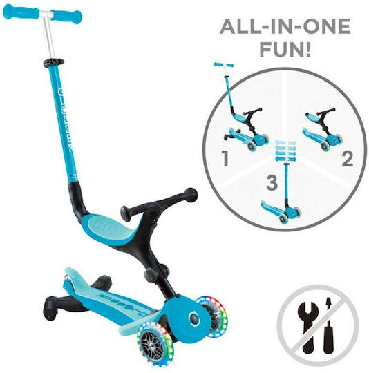 Globber Kids Scooter Foldable Go Up Active Lights 360° 3-Wheel with Seat Aqua