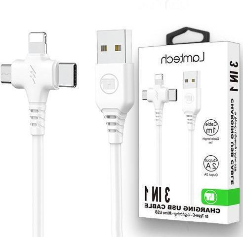 Lamtech Regular USB to Lightning / Type-C / micro USB 1m 2A Cable White (LAM113102)