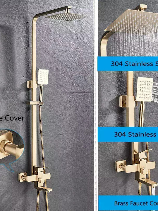 Chrome Bath Shower Faucet Adjustable Height 70cm-120cm 8 Inch Rainfall Shower Head Brushed Golden