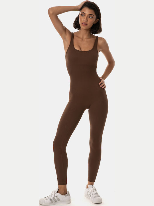 Fitted Jumpsuit with Wide Straps Brown Brown