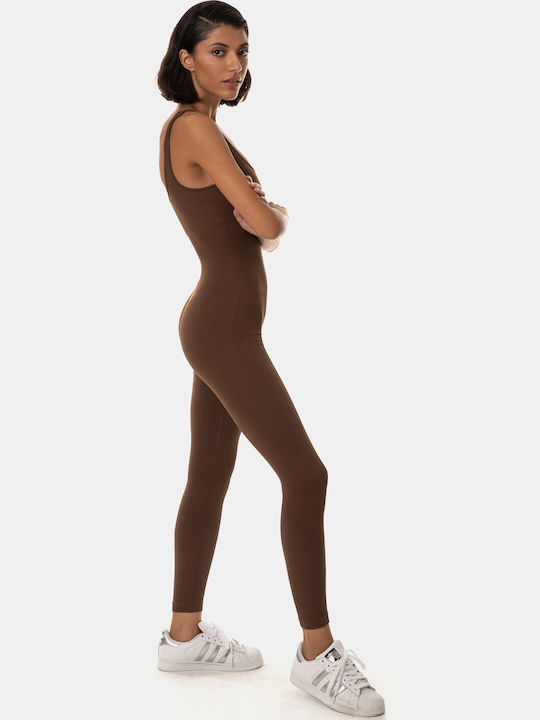 Fitted Jumpsuit with Wide Straps Brown Brown