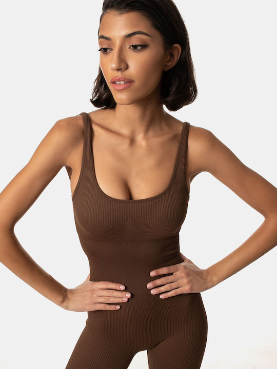 Fitted Jumpsuit with Wide Straps Brown Brown