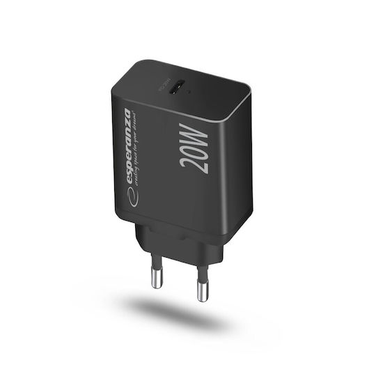 Esperanza Charger Without Cable with USB-C Port 20W Power Delivery Blacks (EZC104K)