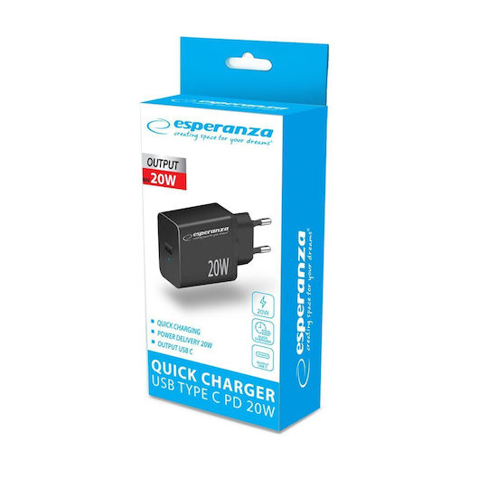 Esperanza Charger Without Cable with USB-C Port 20W Power Delivery Blacks (EZC104K)