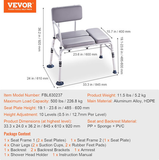 Scaun de duș Vevor cu spătar reversibil 84.5x61x92 cm