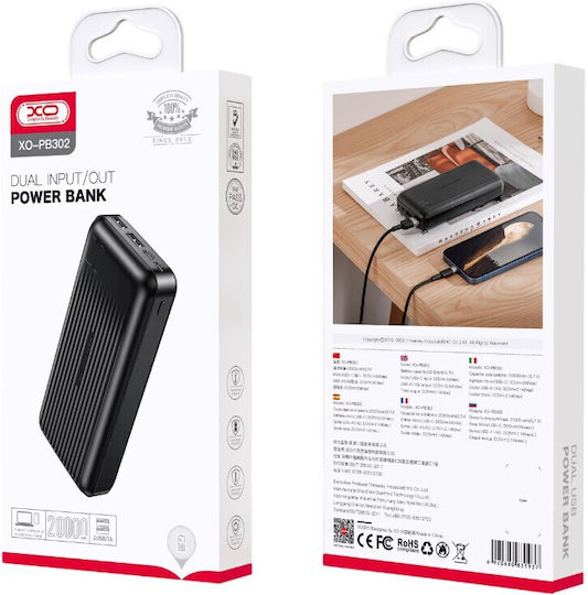 XO PB302 Power Bank 20000mAh cu 2 Porturi USB-A și 2 Porturi USB-C Negru