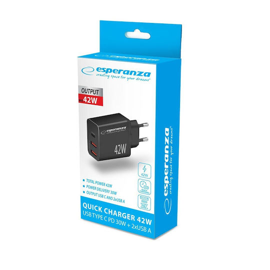 Esperanza Charger Without Cable with 2 USB-A Ports and USB-C Port 42W Power Delivery Blacks (EZC106K)