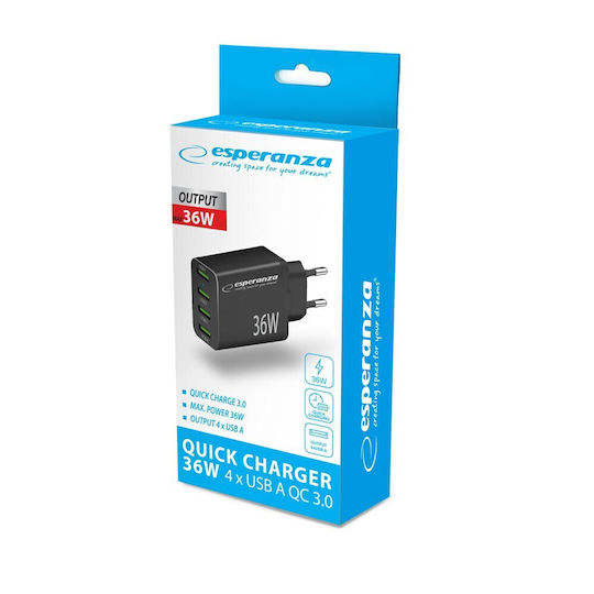 Esperanza Charger Without Cable with 4 USB-A Ports 36W Quick Charge 3.0 Blacks (EZC107K)