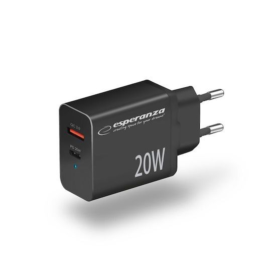 Esperanza Charger Without Cable with USB-A Port and USB-C Port 20W Quick Charge 3.0 Blacks (EZC105K)