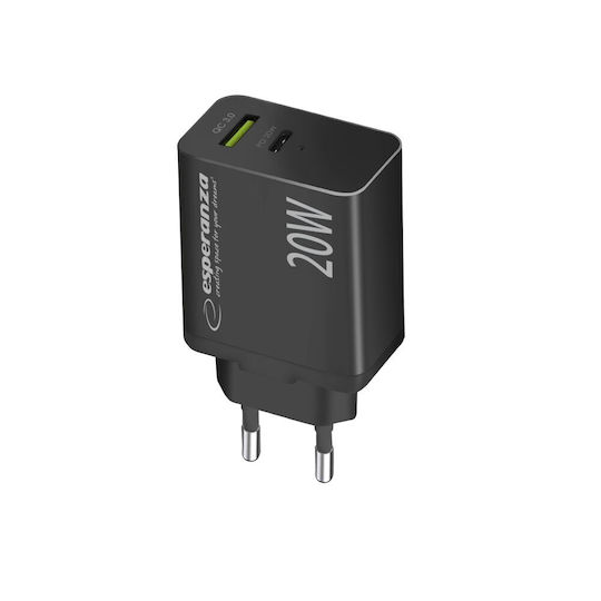 Esperanza Charger Without Cable with USB-A Port and USB-C Port 20W Quick Charge 3.0 Blacks (EZC105K)