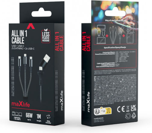 Maxlife Allin1 Braided USB to Lightning / Type-C 1m 2A Cable