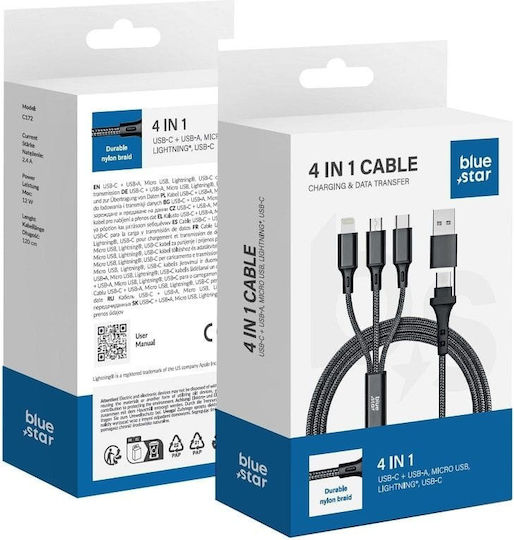 Blue Star Плетена USB към Type-C / микро USB / Мълния Кабел 2.4Спецификация Черно 1.2м