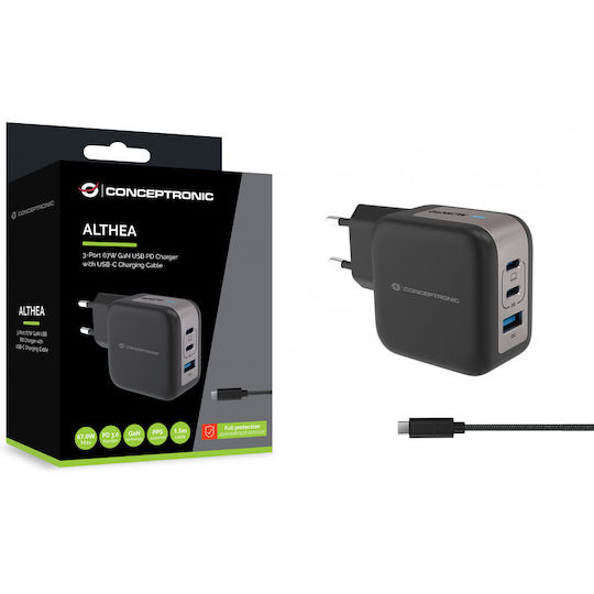 Conceptronic Φορτιστής με Θύρα USB-A και 2 Θύρες USB-C και Καλώδιο USB-C - USB-C 67W Power Delivery Μαύρος (ALTHEA17B)