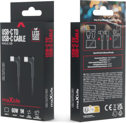 Maxlife Regular USB 2.0 Cablu USB-C bărbătesc - USB-C 60W Negru 1m