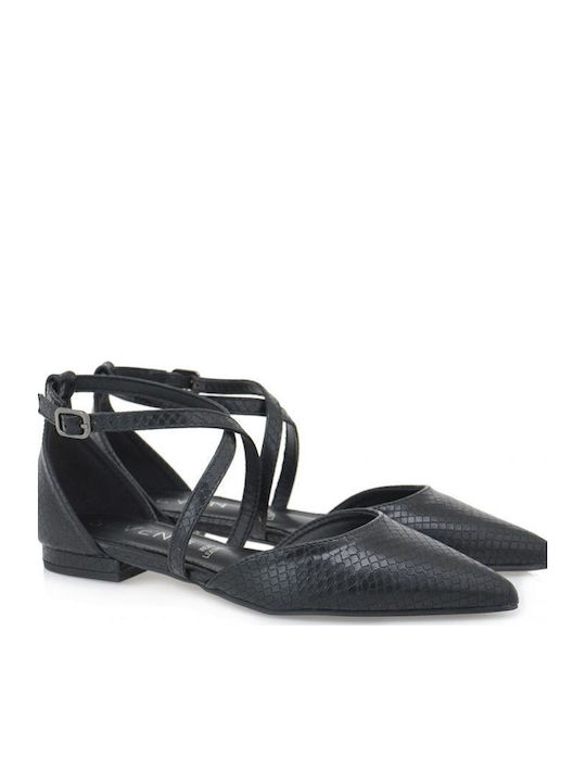 Synthetic Leather Pointy Ballerinas With strap Black