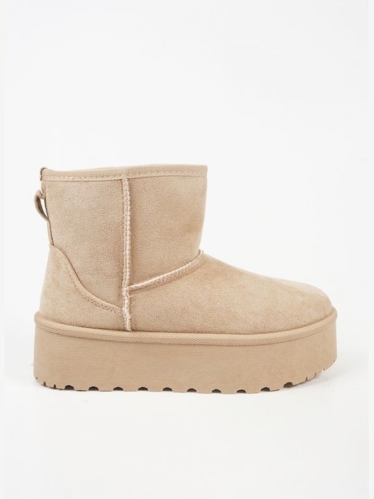 Suede Women's Ankle Boots with Fur Beige