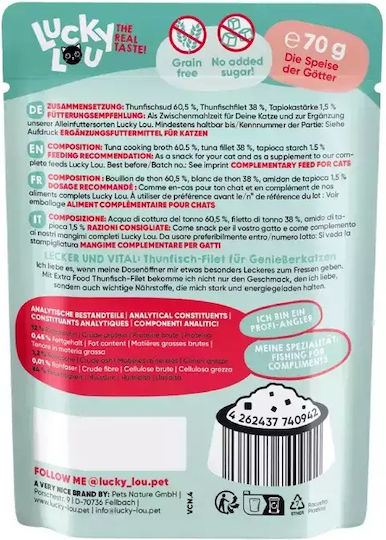 Lucky Lou Extrafood Wet Food for Adult Cats in Pouches with Tuna, Fish, Salmon, Shrimps, Chicken and Vegetables Grain-Free & Gluten-Free 70gr