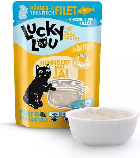 Lucky Lou Extrafood Nassfutter für Erwachsene Katzen in Beutel mit Huhn, Thunfisch, Fisch, Lachs, Shrimps und Gemüse ohne Getreide & Gluten 70gr