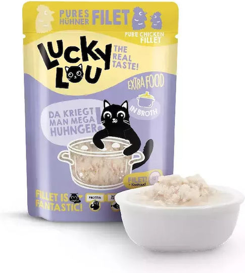 Lucky Lou Extrafood Nassfutter für Erwachsene Katzen in Beutel mit Huhn, Fisch, Lachs, Shrimps, Thunfisch und Gemüse ohne Getreide & Gluten 70gr