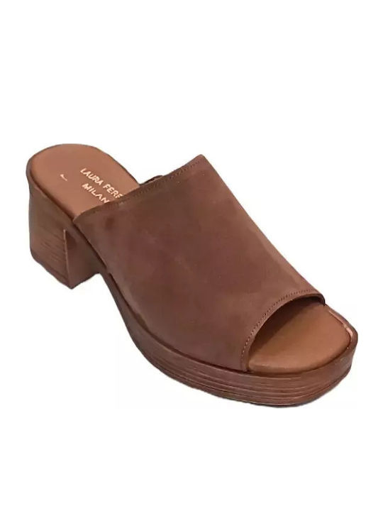 Suede Mules with Chunky Heel in Brown Color