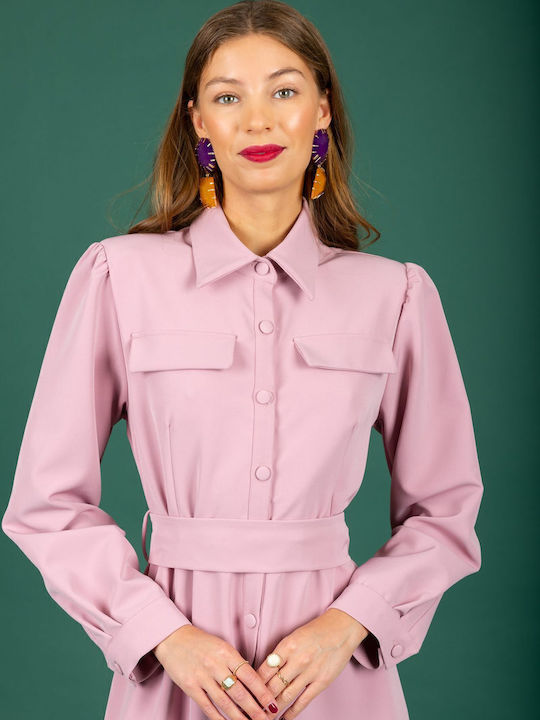 Midi Σεμιζιέ Φόρεμα Μακρυμάνικο Pink