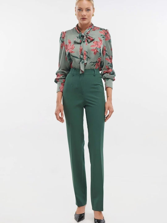 Fibes Women's Satin Floral Long Sleeve Shirt Green