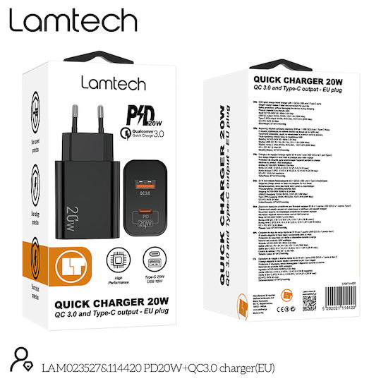 Lamtech Charger Without Cable with USB-A Port and USB-C Port 20W Quick Charge 3.0 Blacks (LAM114420)