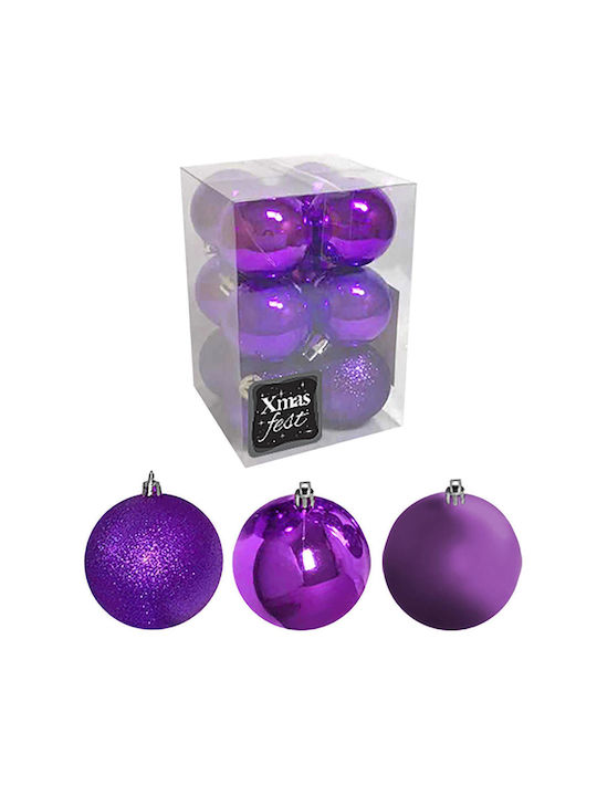 Hanging Ball Ornament Ornament Plastic Purple with Glitter 6cm Set 6pcs