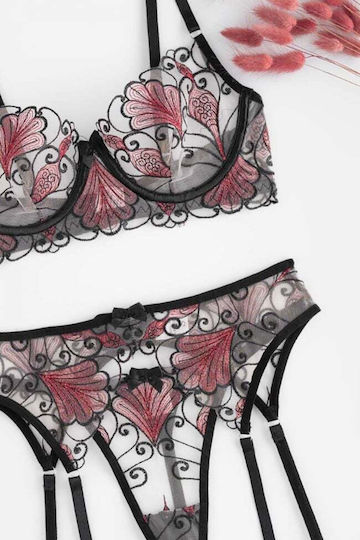Decoro Set Sexy De Lenjerie Cu Transparență Și Jartiere Negre