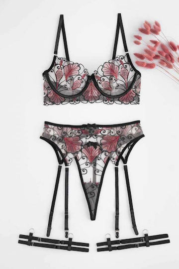 Decoro Set Sexy De Lenjerie Cu Transparență Și Jartiere Negre