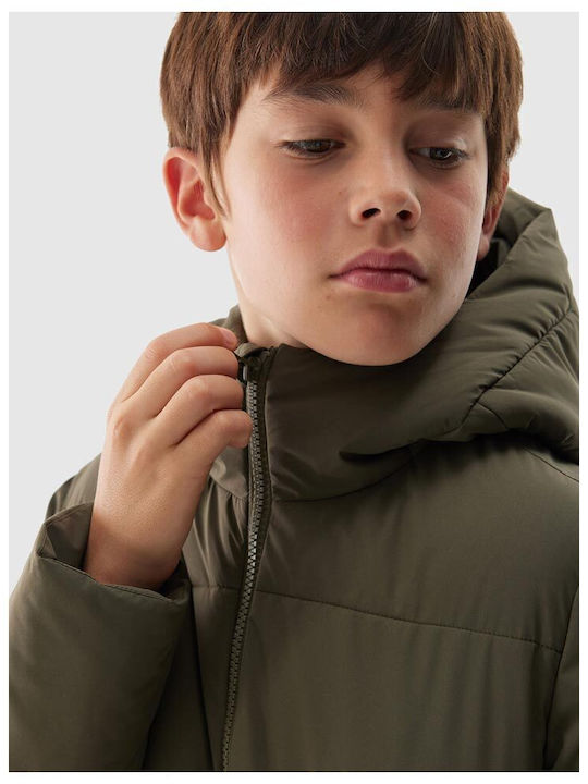 Waterproof Kids' Quilted Jacket with Lining & Hood Khaki