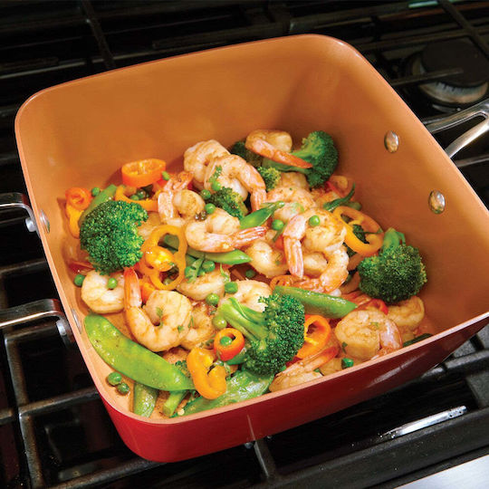 Multifunctional Square Pan with Lid Frying Rack Steaming Tray 24x24x9.5cm Mahogany