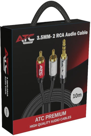 ATC Καλώδιο Ήχου 3.5mm male - 2x RCA male Μαύρο 10m με Επίχρυσους Ακροδέκτες 02.008.0142