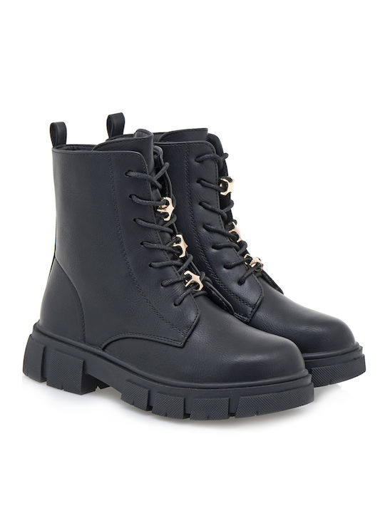 Renato Garini Kids PU Leather Military Boots with Zipper Black