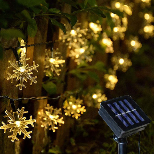 Instalație Solară 50 Fulgi de Nea Led Cristal Alb Galben Multicolor Lumină 7m Lungime
