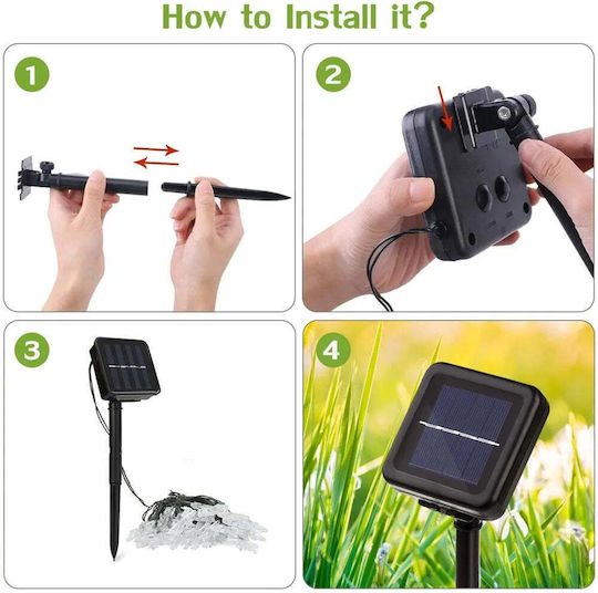 Instalație Solară 50 Fulgi de Nea Led Cristal Alb Galben Multicolor Lumină 7m Lungime