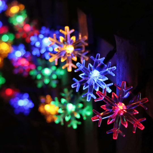 Instalație Solară 50 Fulgi de Nea Led Cristal Alb Galben Multicolor Lumină 7m Lungime