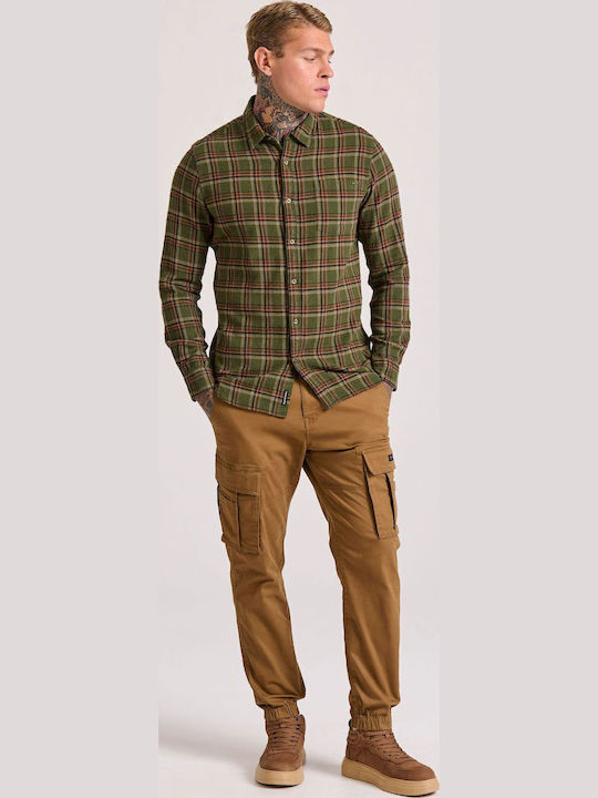 Long-sleeved Flannel Shirt Checked Khaki