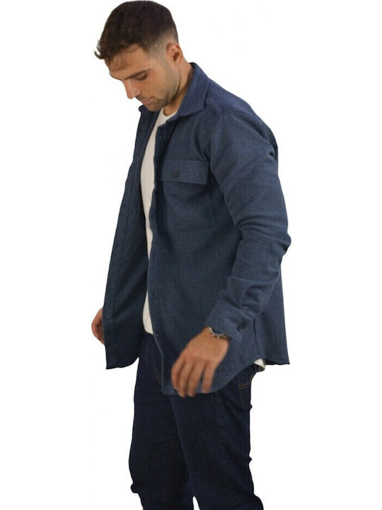 Μακρυμάνικo Φανελένιο Overshirt σε Κανονική Γραμμή Μπλε